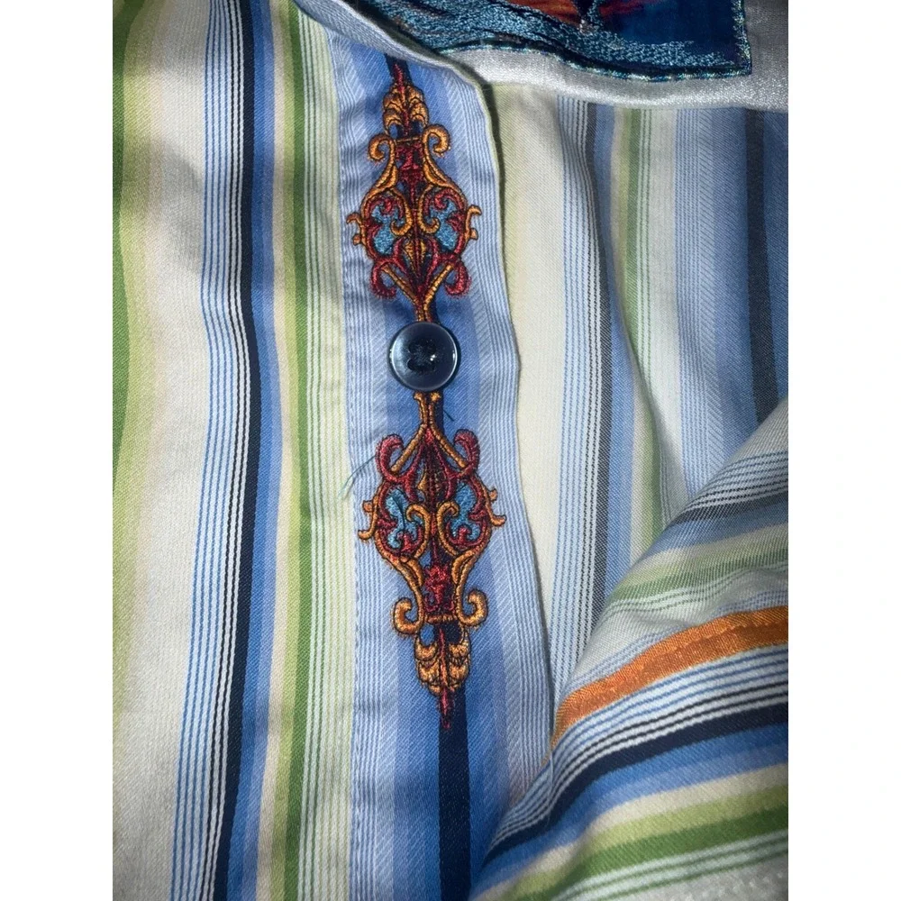 Robert Graham‎ Button Down Shirt Mens 2XL Blue Green Striped Classic Fit EUC